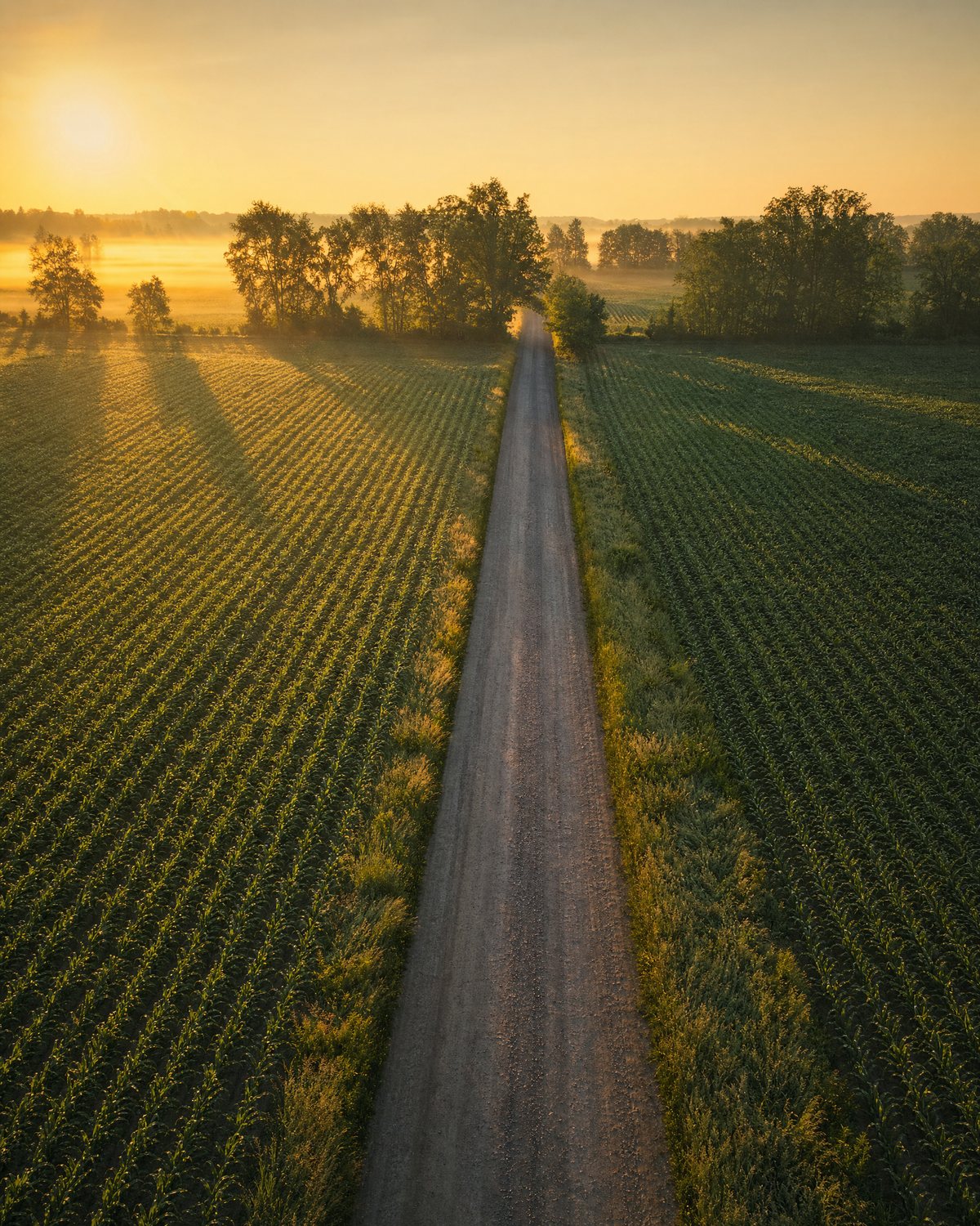Crop rows across Ontario farmland at sunrise