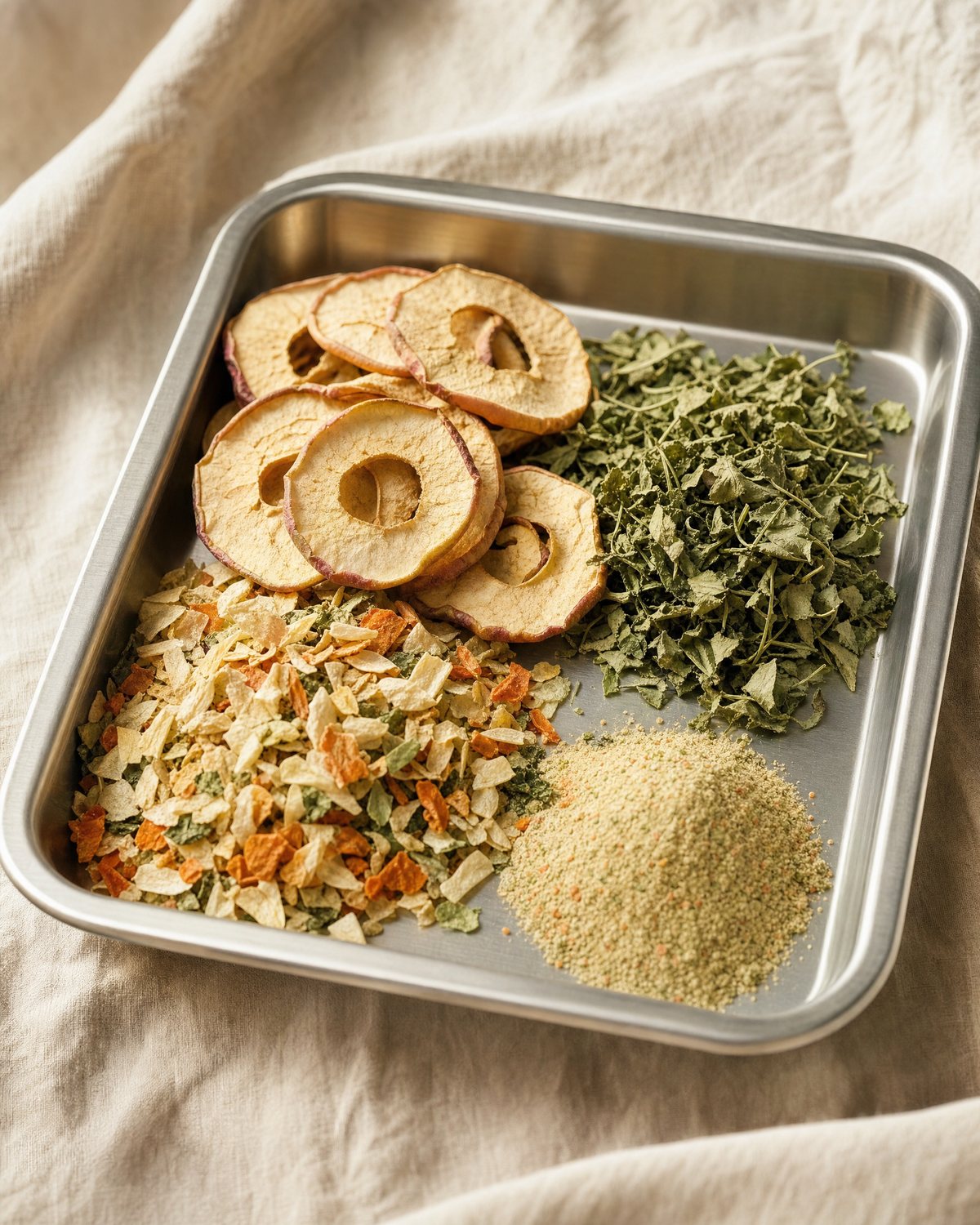 Dried apple rings, herbs, and vegetable flakes in a stainless steel tray