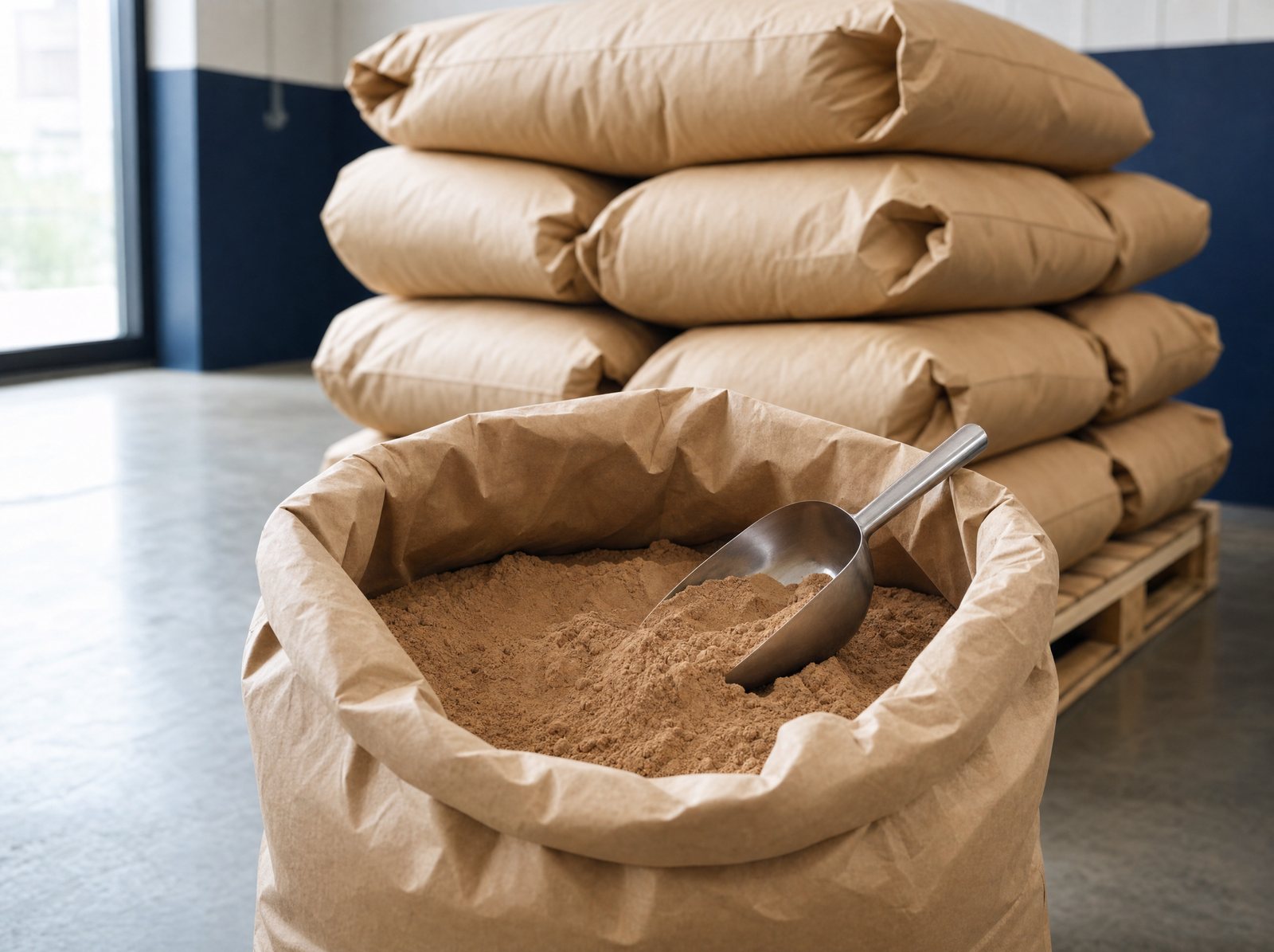 An open kraft sack of ingredient powder with a steel scoop, sealed sacks stacked on a pallet behind