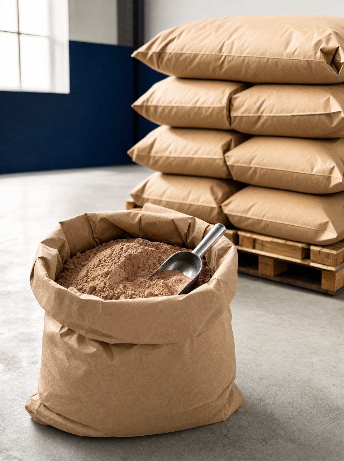 Un saco kraft abierto de ingrediente en polvo con una cuchara de acero, sacos sellados apilados en una tarima detrás