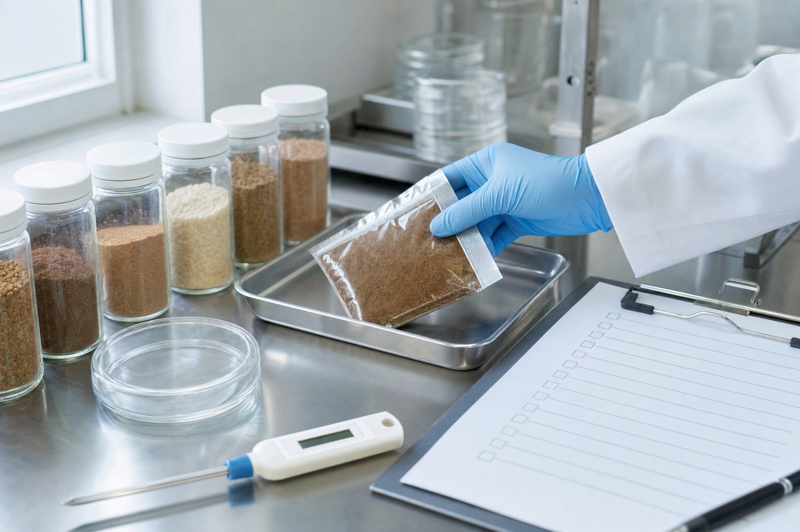 A sealed sample pouch on a stainless tray beside sample jars, a petri dish, a thermometer, and a checklist