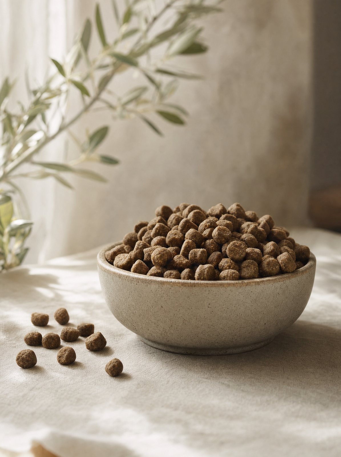 A stoneware bowl of dry pet food on linen