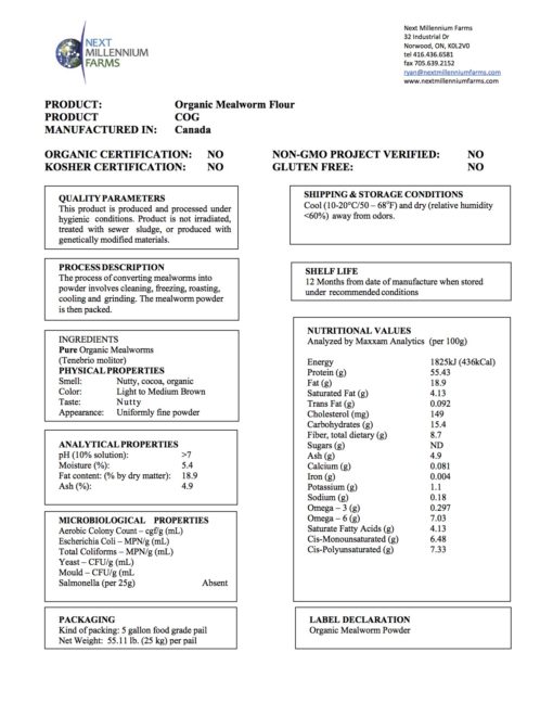 NMF Organic Mealworm Flour Data Sheet Nov 2014 Entomo Farms