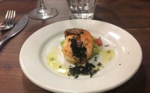 seared shrimp with avocado mash and black ants for Brooklyn Bug Festival