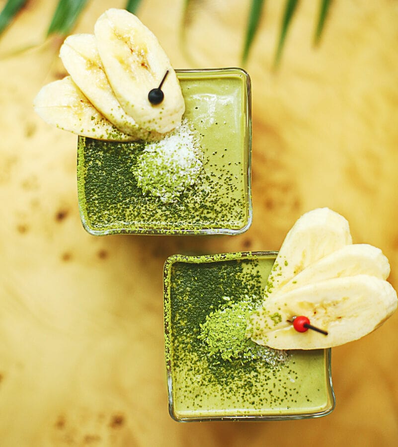 Photo of a healthy green smoothie made with crickets.